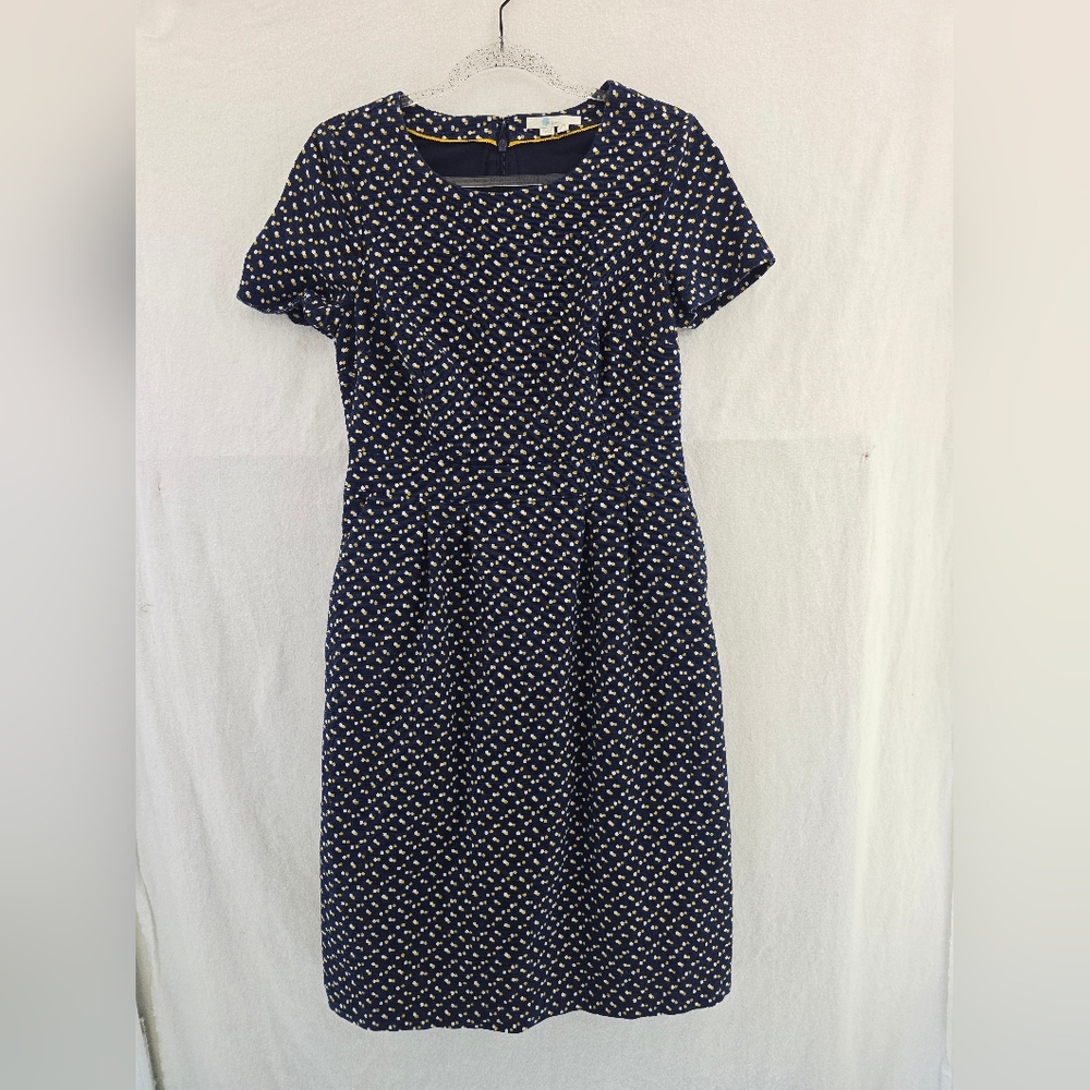 BODEN Navy Blue W/ White&yellow Dots S Sleeve Shift Zip Back Cotton Dress. Sz 8 - Picture 2 of 12